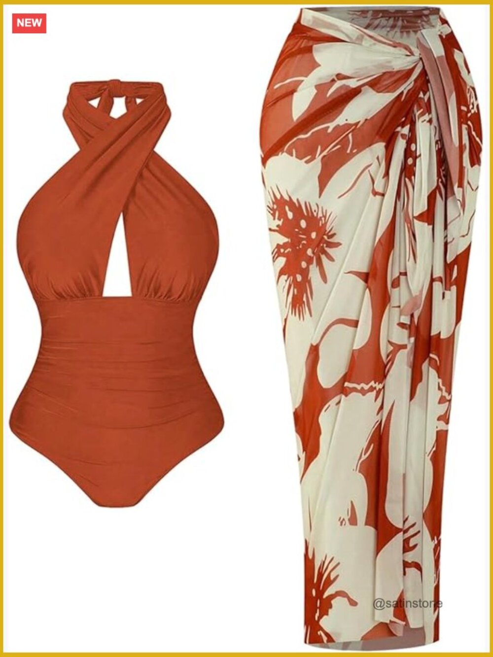 Plus Size Halter One Piece Swimsuit Criss Cross Monokini with Cover Up Skirt